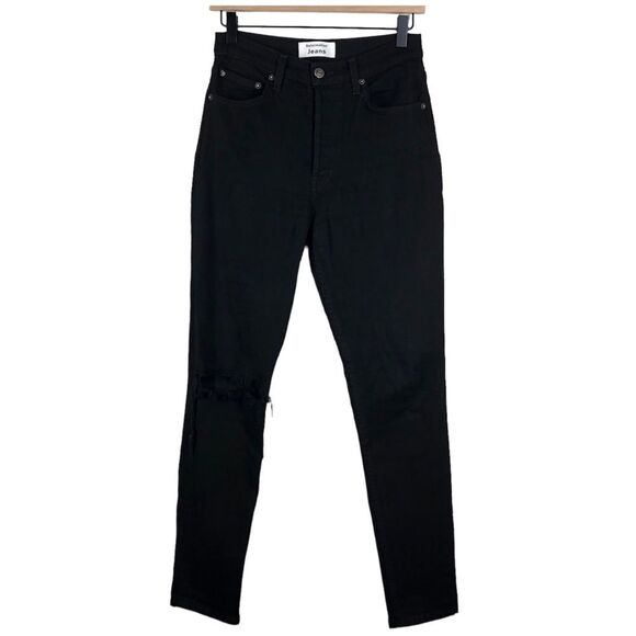 Reformation Black Sierra High Rise Skinny Jeans Destroyed Knee Button Fly 26 - Picture 1 of 8